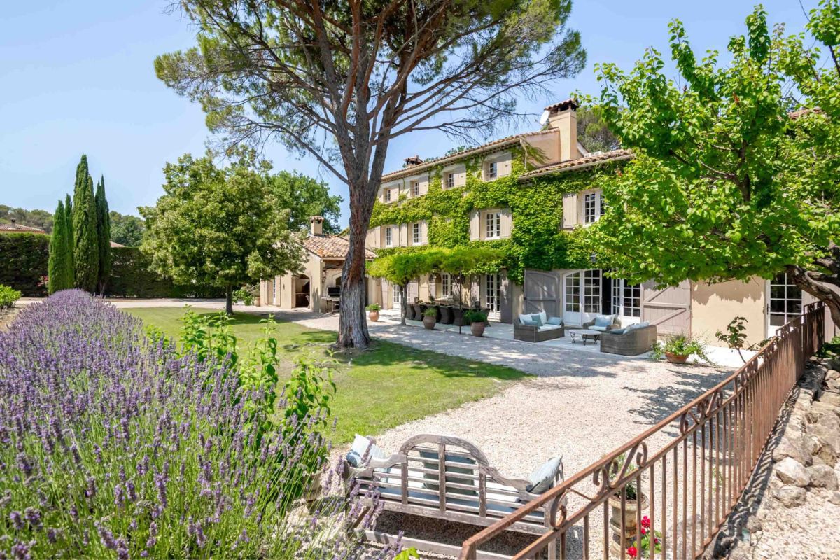 A traditional Provençal stone villa with an ivy-covered facade, featuring a gravel patio with lounge seating, a large pine tree, and blooming purple lavender in the garden.