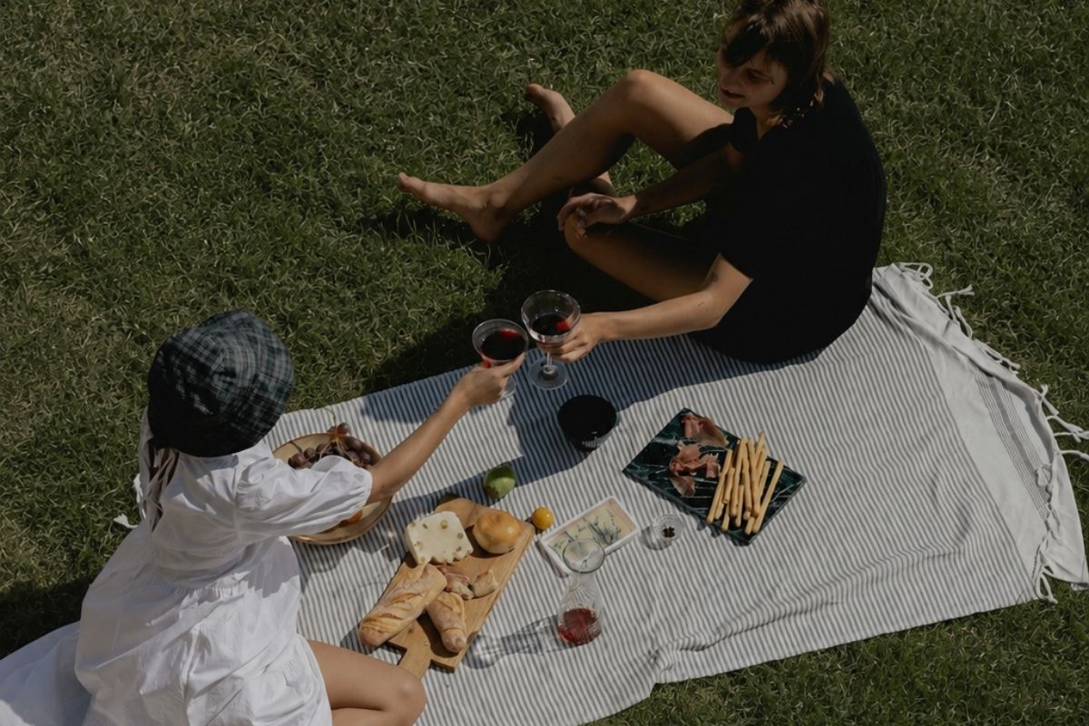 Overhead view of two friends toasting with red wine during a picnic on a grassy lawn, sitting on a striped blanket with baguette, cheese, and charcuterie.