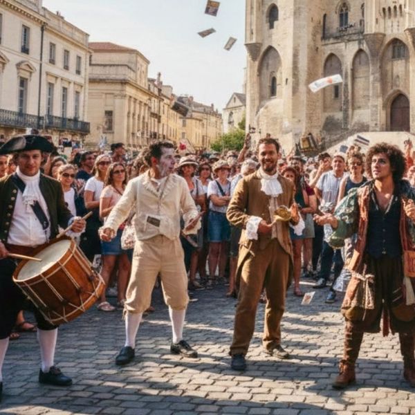 Costumed street performers with a drum entertaining crowds outside the Palais des Papes during the Avignon festival