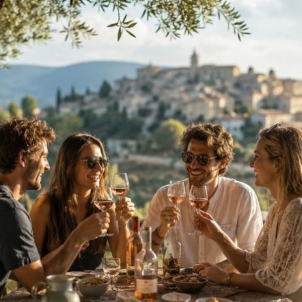 Friends toasting with glasses of Provençal rosé on a terrace overlooking a hilltop village